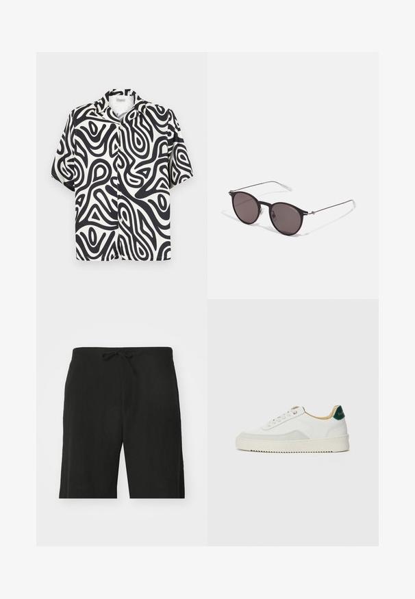 Camisa de manga corta abotonada en blanco y negro con patrones abstractos y orgánicos en espiral. Fabricada con una tela suave y transpirable.; Pantalones cortos de lino negro con cintura con cordón, que cuentan con un corte relajado y un diseño hasta la rodilla. Textura suave, estilo simple y clásico.; Zapatilla blanca con acentos de ante, puntera redondeada, cordones planos y suela de goma color crema. Presenta un logo verde en el talón.; Gafas de sol redondas negras con lentes oscuros y brazos metálicos delgados. Incluye puntas de varilla transparentes y acentos plateados en la bisagra. Diseño minimalista.