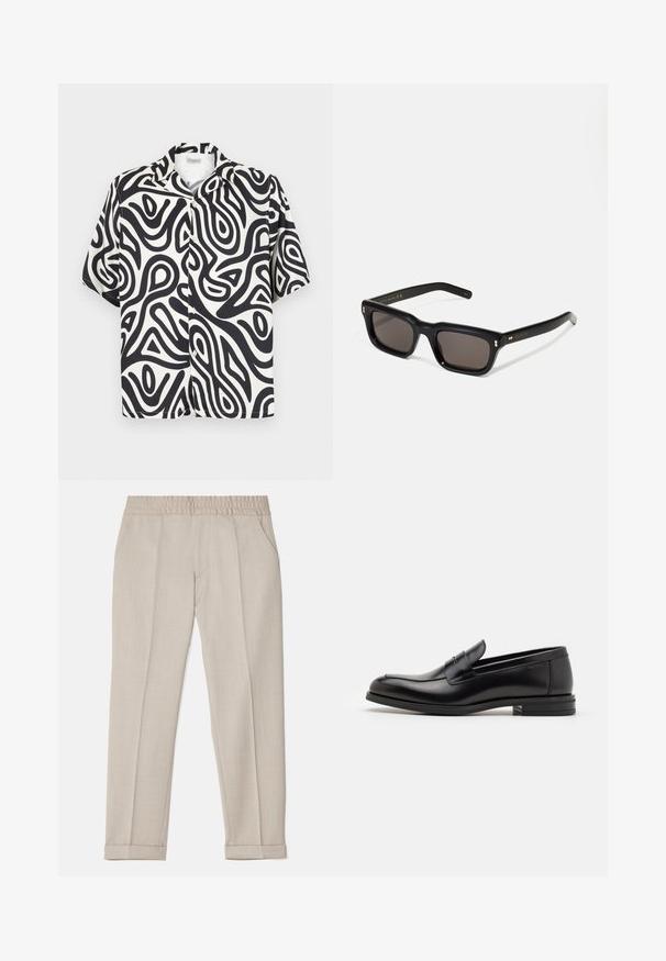 Short-sleeve button-up shirt in black and white with abstract, organic swirl patterns. Made from a smooth, breathable fabric.; Filippa K TERRY CROPPED TROUSERS - Trousers - sage melange; Black leather loafers with a smooth texture, rounded toe, and a decorative strap across the vamp. Low stacked heel, minimalist design.; Black rectangular sunglasses with dark lenses, thick plastic frame, gold accents on temples, and brand logo engraved on the arm.