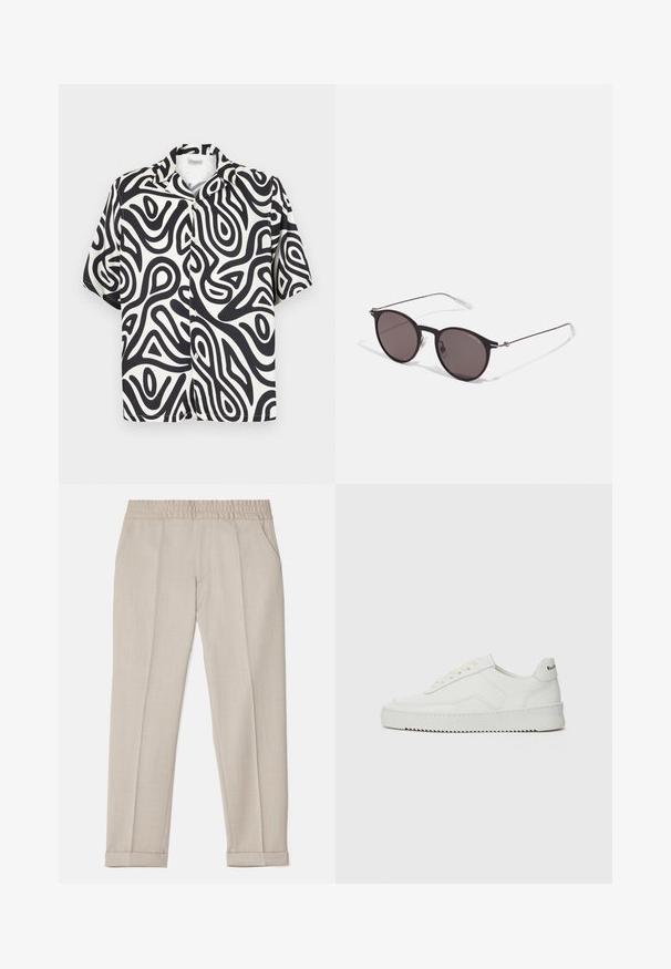 Camicia a maniche corte con bottoni in bianco e nero con motivi astratti e organici a spirale. Realizzata in un tessuto liscio e traspirante.; Filippa K TERRY CROPPED TROUSERS - Pantaloni - sage melange; Sneaker in pelle bianca con una finitura liscia, punta rotonda, lacci piatti e suola testurizzata. Presenta un logo discreto sul tallone.; Occhiali da sole neri rotondi con lenti scure e sottili bracci in metallo. Include punte trasparenti e accenti argentati alla cerniera. Design minimalista.