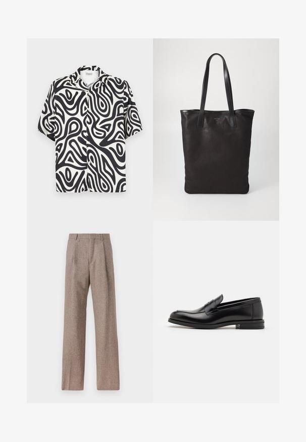 Short-sleeve button-up shirt in black and white with abstract, organic swirl patterns. Made from a smooth, breathable fabric.; Brown, high-waisted trousers made of textured fabric. Features wide legs and two front pleats for structure. Neat finish with no visible hardware.; Black leather loafers with a smooth texture, rounded toe, and a decorative strap across the vamp. Low stacked heel, minimalist design.; Black canvas tote bag with black leather handles. Simple design, spacious body, and a smooth texture. No visible logos or patterns.