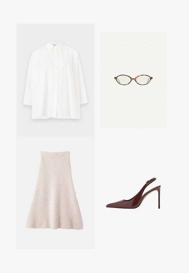 Biała koszula zapinana na guziki z klasycznym kołnierzykiem, długimi rękawami i luźnym krojem. Gładki bawełniany materiał bez widocznych wzorów czy akcentów.; Jasno beżowa spódnica w kształcie litery A, wykonana z miękkiego, teksturowanego materiału, z gładkim pasem w talii i lejącą sylwetką.; Ciemnobrązowe lakierowane skórzane czółenka na wysokim obcasie z zasuwanym paskiem na kostce oraz smukłym obcasem typu stiletto.; Okulary w kolorze tortoiseshell z owalnymi soczewkami i gładkim, eleganckim wykończeniem. Posiadają cienkie boki z delikatnym łukiem w okolicy skroni. Przezroczyste soczewki.