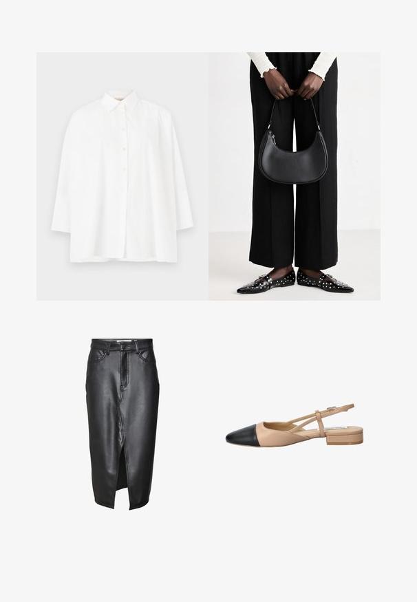 Chemise blanche à manches longues avec un col classique et une coupe décontractée. Tissu en coton lisse sans motifs ni accents visibles.; Jupe en cuir noir au design mi-long, dotée d'une fente sur le devant, de passants de ceinture classiques et de détails cousus le long des coutures.; Chaussure à bride arrière bicolore beige et noire avec un bout pointu, un talon plat et un détail de sangle croisée. Texture en cuir lisse.; Sac à main en cuir noir avec une forme arrondie, finition brillante et quincaillerie en argent. Personne portant un pantalon large noir et des mocassins cloutés.