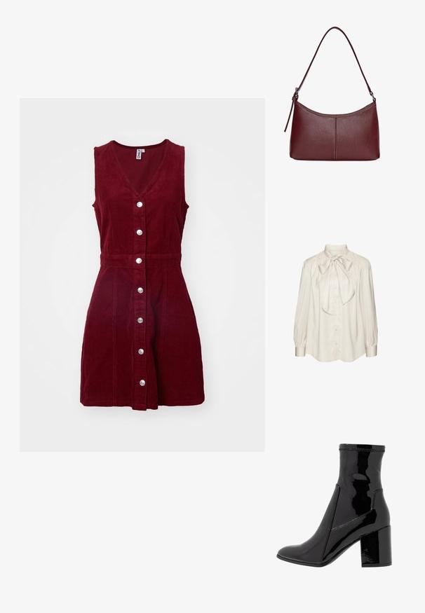 Crème-kleurige zijden blouse met een grote strik bij de kraag, knoopsluiting en lange pofmouwen. Gladde textuur met een relaxte pasvorm.; ONLY ONLMOXIE DRESS - Jurk - cabernet; Zwarte patenten enkellaarsjes met een gladde textuur, een spitse neus en een gestructureerde blokhak. Heeft een ritsvrije ontwerping en contrasterende stiksels.; Bordeaux lederen handtas met een gebogen vorm, een enkele schouderriem en gestikte details in het midden. Glad textuur, minimale hardware.