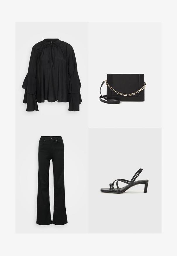 Must mustar bluus kõrgema kaelusega, lipsu detaili ja kihilise, laieneva varrukaga. Sile kangas, voolav ja mugav lõige.; Mustad laiad teksapüksid, valmistatud denimist, kõrge vöökoht, viis taskut ja metallist nööpkinnitus. Sujuv tekstuur väheste detailidega.; Mustast rihmajalatsid ruudukujulise varba ja madala ploki kontsaga. Omab mitmeid õhukesi rihmasid ja reguleeritavat pahkluu rihma. Valmistatud siledast nahast.; Mustast nahast õlakott, mis omab siledat tekstuuri, ristküliku kuju ning esiküljel metallketi detaili. Reguleeritav rihm on kaasas.