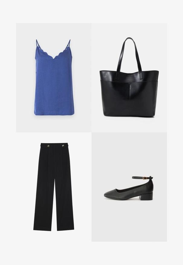 Blauwe mouwloze top met een gegolfde halslijn, gemaakt van lichtgewicht stof, met dunne bandjes en een relaxte pasvorm.; Zwarte wijde broek met hoge taille, knoopdetails op de tailleband en plooien aan de voorkant.; Zwarte leren pump met een spitse neus en een lage blokhak. Beschikt over een enkelband met een goudkleurige gespsluiting. Gladde textuur.; Zwarte leren tote bag met twee lange handvatten, een zachte textuur en een gestructureerde vorm. Voorzien van een voorvak voor extra opslagruimte.