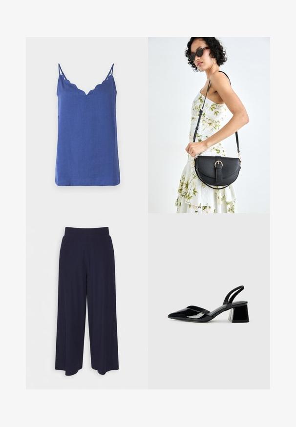 Blue sleeveless top with a scalloped neckline, made of lightweight fabric, featuring thin straps and a relaxed fit.; Wide-leg trousers in dark navy fabric with a ribbed texture. Features a smooth waistband and a flowy silhouette, reaching mid-calf length.; Black patent leather slingback heels with a pointed toe and a geometric block heel. Features a sleek, minimal design and smooth texture.; Black leather handbag with a curved shape, detachable strap, and gold hardware. The bag features a flap with a buckle detail.