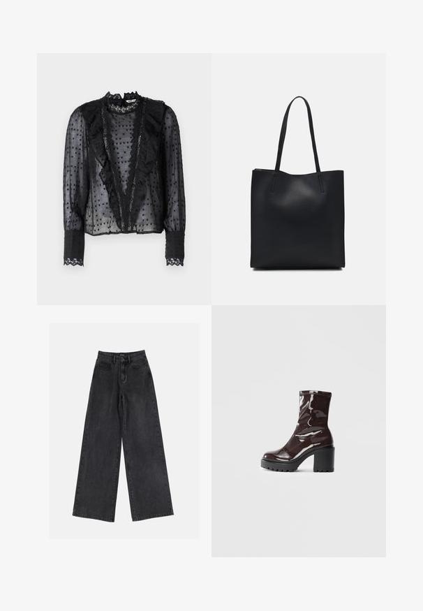 Svart bluse med lange ermer, laget av gjennomsiktig stoff, med volanger langs fronten og blonder detaljer på kragen og mansjettene.; Svart bred ben jeans i denim med høy midje, klassisk fem-lommers design og subtil fading. Holdbart stoff med en jevn tekstur.; Glinsende burgunder ankelstøvel med en kraftig svart hæl, med en glatt tekstur og enkelt design. Ingen synlige lukkinger eller mønstre.; Svart lær tote bag med glatt tekstur, rektangulær form og to lange håndtak. Ingen synlige deler eller dekorasjoner.