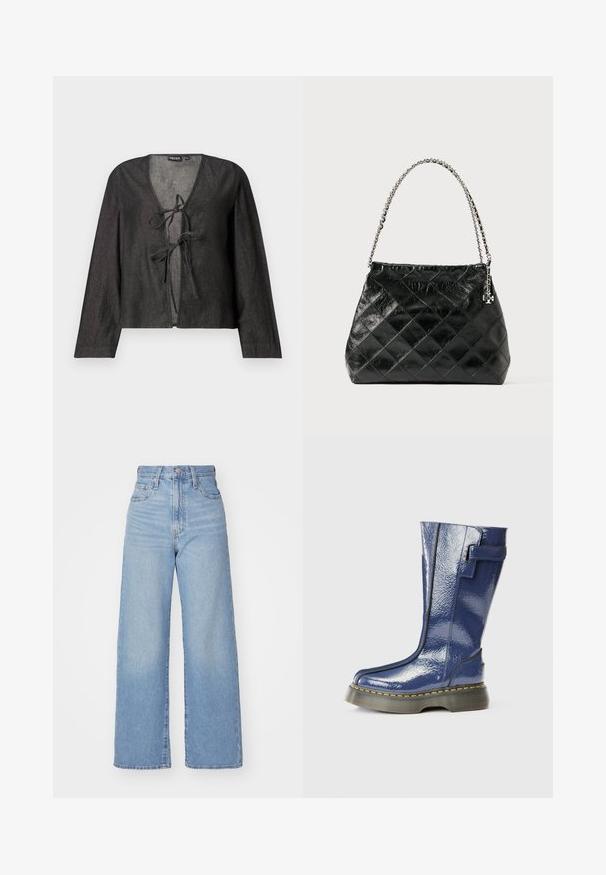 Juoda lengva bluzelė su ilgomis rankovėmis, V formos iškirpte ir raišteliu priekyje. Lygus paviršius, paprastas dizainas ir nematomi raštai.; Šviesiai mėlynos aukšto liemens plačios kojos džinsai su priekiniais užtrauktukais ir sagom, priekinėmis ir galinėmis kišenėmis, ant baltos fono.; Mėlyna, blizgi iki kelių siekianti batai su apvaliu pirštu, šoniniu užtrauktuku ir vertikaliomis siūlėmis. Turi storą juodą platformą su geltonomis siūlėmis.; Juoda pūsta odinė rankinė su sidabrine grandinėlės rankena, pasižyminti struktūruotu dizainu ir lygiu paviršiumi.