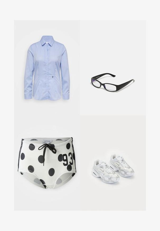 Lyseblå, langærmet skjorte med knaplukning, lavet af glat stof; har en krave og en lille sort rosemønster broderet på nederste venstre side.; Sort-hvide polkaprikkede svømmedragter med elastisk waistband og snørelukning, prydet med tallet "93" på forsiden og lavet af et glat, strækbart stof.; Hvide atletiske sko med en mesh-overdel og sølvfarvede accenter, en unik form og luftdæmpning i hælen. Snørebåndsdesign med logo.; Sorte rektangulære briller med klare linser. Blank finish, smalle stænger, og lilla nuance synlig i kanterne af linsen.