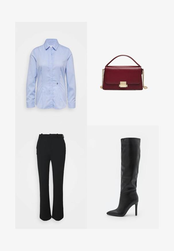 Light blue, long-sleeve button-up shirt made from smooth fabric; features a collar and a small black rose embroidery on the lower left side.; Black, tailored trousers with a smooth finish, straight leg design, and a waistband. Features subtle stitching details and no pockets.; RAID TALISHA - Boots - black; Maroon leather handbag with a structured design, gold hardware clasp, and a removable chain strap. Smooth texture and rectangular shape.