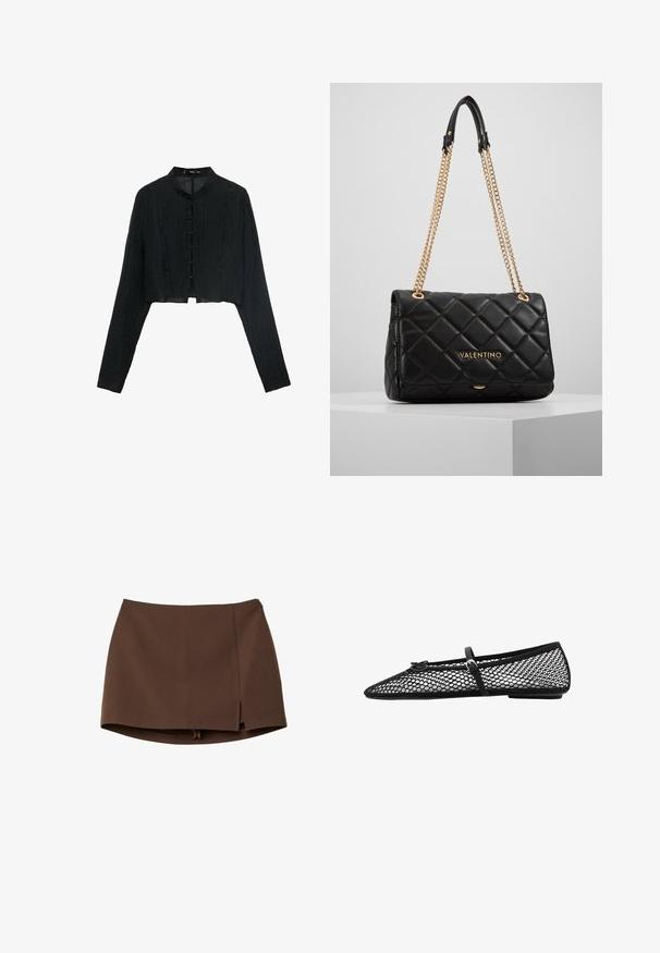 Mustat lyhyet takit, joissa on pitkät hihat, teksturoitu kangas, mandariinikaulus ja koristeelliset soljenappulat edessä.; Ruskea minihame, valmistettu sileästä kankaasta, jossa etumallinen halkio, siistit linjat ja jämäkkä istuvuus. Ei taskuja tai näkyviä metalliosia.; Musta verkkokuvioinen ballerinatyyppinen kenkä, jossa on kärjeltään terävä muoto ja koristelstrap, sekä huomaamaton yksityiskohta. Kenkässä on avoin verkkotyyli ja litteä pohja.; Musta tikattu nahkalaukku, jossa on kultaketju ja logoyksityiskohta. Suorakulmainen muoto, sileä pinta, jossa on läppäsuljenta.