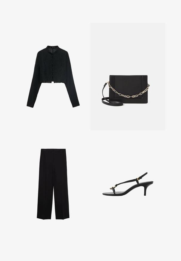 Sort cropped jakke med lange ærmer, tekstureret stof, mandarin krave og dekorative knaphuller langs fronten.; Sorte brede bukser med en glat stof, der har folder foran og sidelommer, designet med en lige, afslappet pasform.; Sort læder kitten hæl sandal med tynde stropper, guldspænde og minimalistisk tå løkke på en hvid baggrund.; Sort læder crossbody taske med en glat tekstur, rektangulær form og en metallisk kæde detalje foran. Justerbar skulderrem inkluderet.