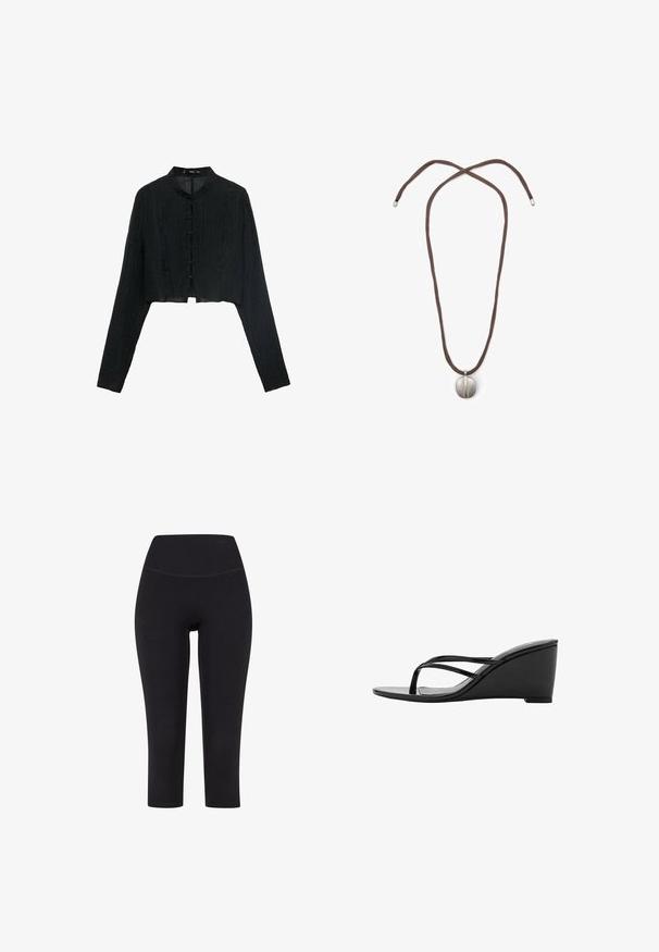 Black cropped jacket with long sleeves, textured fabric, mandarin collar, and decorative knot buttons along the front.; Black three-quarter length leggings made of stretchy fabric, featuring a high waistband and no visible patterns or hardware.; Black wedge sandals with a sleek design, featuring two thin straps and a smooth, glossy texture. Wedge height is moderate.; Necklace with a brown cord and a silver oval pendant. The pendant has a smooth surface and a slight indentation in the center.