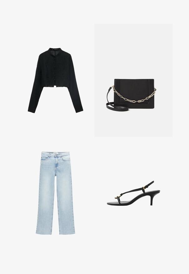 Čierna skrátená bunda s dlhými rukávmi, štruktúrovaná tkanina, mandarínsky golier a dekoratívne uzlové gombíky pozdĺž prednej časti.; Svetlo modré široké džínsy vyrobené z denimu s vysokým pásom, piatimi vreckami a zapínaním na gombíky. Obsahujú minimálne švy.; Čierne kožené sandále na malom podpätku s tenkými pásikmi, zlatou prackou a minimalistickým prstovým pásikom na bielom pozadí.; Čierna kožená crossbody taška s hladkou textúrou, obdĺžnikovým tvarom a kovovým reťazovým detailom na prednej strane. Súčasťou je nastaviteľný popruh.