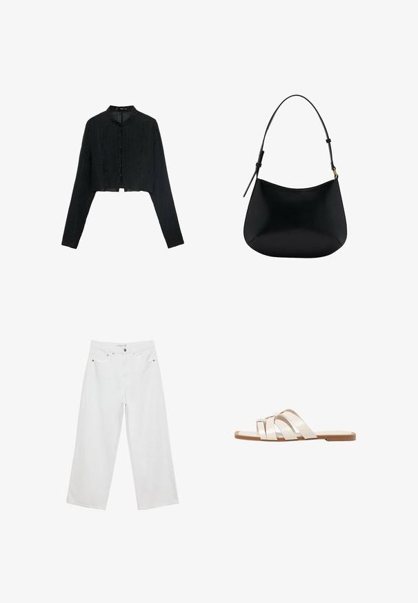 Čierna skrátená bunda s dlhými rukávmi, štruktúrovaná tkanina, mandarínsky golier a dekoratívne uzlové gombíky pozdĺž prednej časti.; Biele široké džínsy z denimu s vysokým pásom, vybavené piatimi vreckami a kovovými doplnkami. Hladká textúra, žiadne viditeľné vzory.; Ploché sandále s hnedou gumovou podrážkou, navrhnuté s tromi prekrývajúcimi sa bielymi koženými popruhmi a malou mašličkou uprostred.; Čierna kožená kabelka na rameno s hladkou textúrou, zakriveným tvarom a nastaviteľným popruhom. Obsahuje minimálne švy a jednoduchý dizajn.