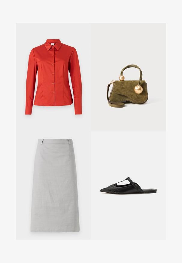 Red long-sleeve button-up shirt featuring a classic collar, smooth fabric texture, and a fitted silhouette with a straight hem.; Gray pencil skirt with a smooth texture, fitted shape, and a flat waistband, featuring side seams and no visible patterns or accents.; Black leather slingback shoe with a pointed toe, featuring a woven accent and pleated upper design. Flat sole with minimal hardware.; Olive green suede handbag with a wavy design, two rounded brass accents, short twisted handle, and a detachable shoulder strap.