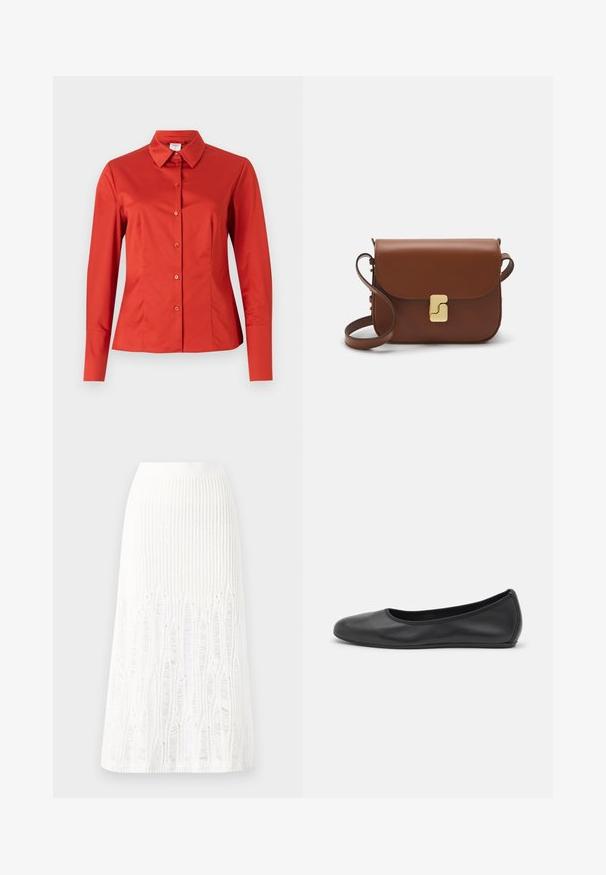 Cămașă roșie cu mânecă lungă și nasturi, având un guler clasic, textură de stofă netedă și o siluetă ajustată cu tiv drept.; Fustă midi tricotată albă, cu un model texturat ce include linii verticale și detalii decupate aproape de tiv. Talie elastică. Material moale.; Balerini din piele neagră, cu vârf rotund, textură netedă, detalii de cusătură minimale și un design al tălpii flexibil.; Geantă de piele maro cu închidere tip capac, accesorii de culoare aurie, curea de umăr și o textură netedă. Formă compactă și rectangulară.