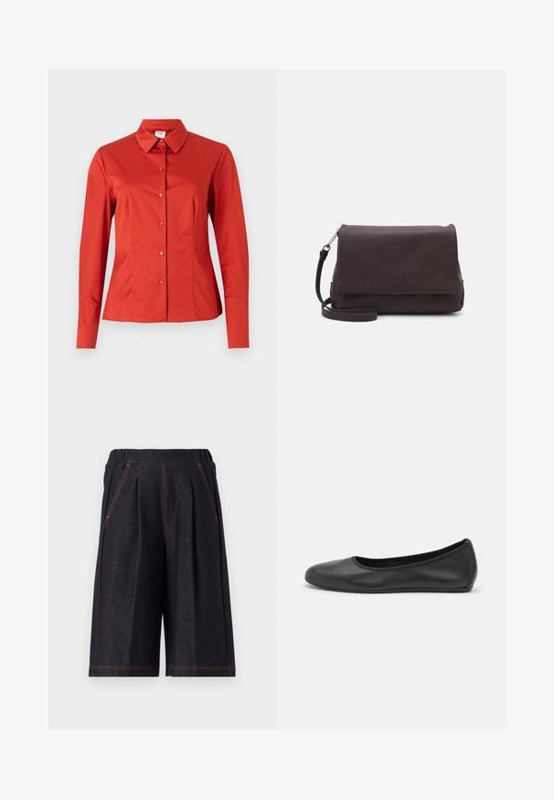 Czerwona, długosleeved koszula zapinana na guziki z klasycznym kołnierzykiem, gładką fakturą tkaniny oraz dopasowanym krojem z prostym dołem.; Ciemnoszare szorty wykonane z miękkiego materiału, z plisami i pomarańczowymi akcentami szycia. Elastyczny pasek w talii dla komfortu, do kolan.; Czarne skórzane baletki z zaokrąglonym noskiem, gładką fakturą, minimalnymi przeszyciami i elastycznym designem podeszwy.; Tiger of Sweden UNISEX bordowy