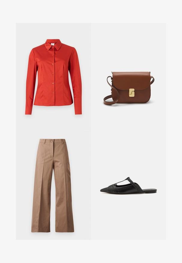 Punainen pitkähihainen nappipaita, jossa on klassinen kaulus, sileä kangasrakenne ja slim fit -leikkaus, joka päättyy suoraan helmasta.; Ruske leve-legged hlače iz gladkega materiala, z sprednjim gumbom, dvema sprednjima žepoma in čistimi, krojenimi linijami.; Musta nahkasandaali, jossa on terävä kärki, somistettuna kudotulla yksityiskohdalla ja pleatatuilla yläosilla. Litteä pohja, jossa on vähäisiä tarvikkeita.; Ruskea nahkainen käsilaukku, jossa on läppäkiinnitys, kultasävyiset yksityiskohdat, olkahihna ja sileä pinta. Kompaktin suorakaiteen muotoinen.