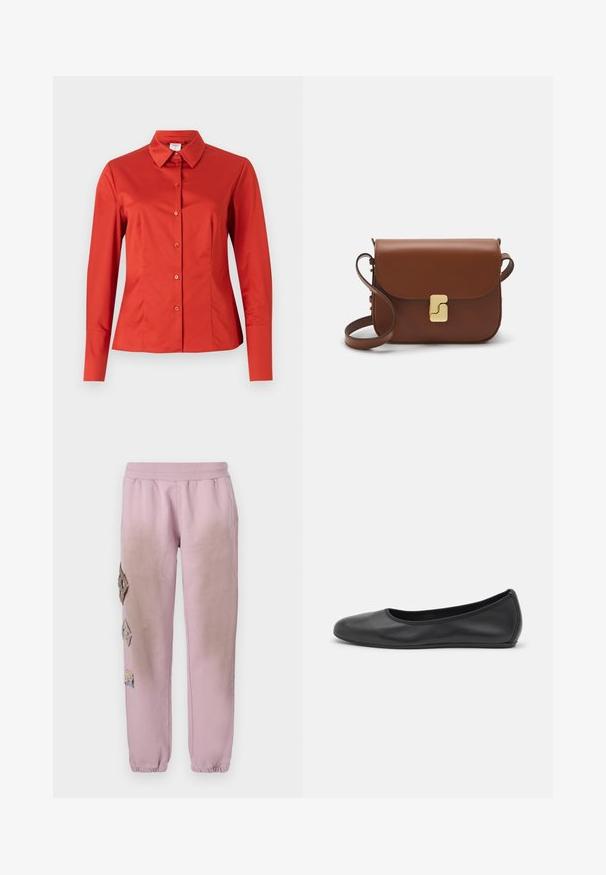 Rothe Langarm-Hemd mit Knopfverschluss, ausgestattet mit einem klassischen Kragen, glatter Stoffoberfläche und einer taillierten Silhouette mit geradem Saum.; Rosa Sweatpants mit elastischem Bund, verziert mit dekorativen Patches in Diamantform auf der linken Seite und elastischen Bündchen an den Knöcheln.; Schwarze Leder-Ballettschuhe mit abgerundeter Spitze, glatter Textur, minimalen Nähdetails und einem flexiblen Sohlen-Design.; Braune Ledertasche mit Klappenverschluss, Beschlägen in Goldfarbe, einem Schultergurt und einer glatten Oberfläche. Kompakte rechteckige Form.