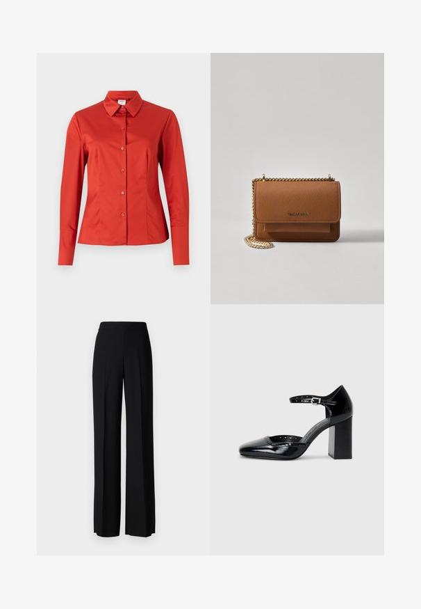 Rode langemouwen overhemd met knopen, voorzien van een klassieke kraag, een gladde stofstructuur en een getailleerde silhoutte met een rechte zoom.; Zwarte wijde broek met een gladde textuur, voorzien van een hoge tailleband en middelste plooien. Geen zichtbare patronen of hardware-details.; Zwarte lakleren hoge hakken met een vierkante neus, enkelbandje en een chunky hak. Inclusief geperforeerde details langs de rand.; Bruine lederen schoudertas met textuur, voorzien van een gouden kettingstrap en klepsluiting. De voorkant heeft een logo-detail en een zak onder de klep.