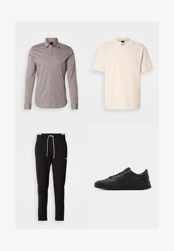 Jasnoszara koszula z długim rękawem, z kołnierzykiem zapinanym na guziki, z małym logo na lewej piersi i białymi guzikami. Wykonana z gładkiego materiału o subtelnej teksturze.; Kremowa koszulka z krótkim rękawem z wysokim kołnierzem, z nadrukiem "BOSS" w kolorze czarnym na przedniej części kołnierza oraz wewnętrznej metce.; Czarne slim-fit joggery z białym sznurkiem, ściągaczami u dołu i dyskretnym logo na górnej części uda na jednolitym tle.; Czarny sneakers z gładkiej skórzanej cholewce, okrągłym nosku, płaskimi sznurówkami, wyściółką kołnierza i minimalistycznym designie. Gumowa podeszwa z delikatnym wzorem bieżnika.