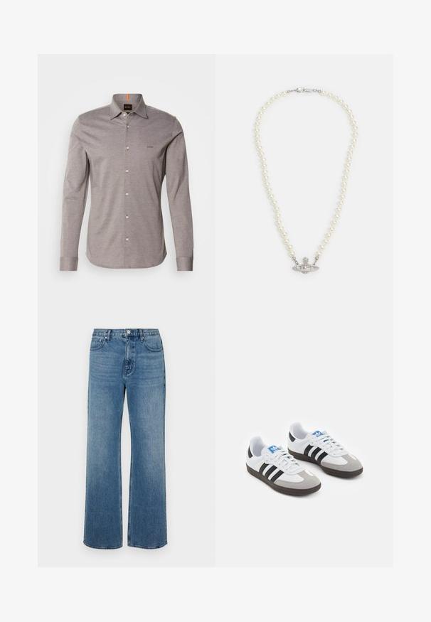 Lichtgrijs langemouwen shirt met een button-down kraag, klein logo op de linkerborst en witte knopen. Gemaakt van soepele stof met een subtiele textuur.; Brede blauwe jeans van denim met een verouderde afwerking. Heeft vijf zakken, een sluiting met vooraan knoop en een rechte snit.; Sportschoenen met een witte leren bovenkant, grijze suède neus en drie zwarte strepen. Bevat een blauw logo op de tong en een gestructureerde rubberen zool.; Parelketting met een zilverkleurige sluiting. Kenmerkt ronde witte parels en een decoratief, met rhinestones bezet middelpunt.