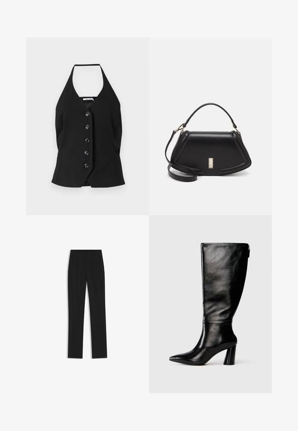 Black halter top featuring a deep V-neckline and a row of six large buttons down the front, made from smooth fabric with a structured fit.; Black tailored trousers with a straight-leg design, featuring front pockets and a smooth, textured fabric. Neat, minimal detailing.; Knee-high black leather boot with a pointed toe, smooth texture, and a chunky heel. Features a zipper detail at the back.; Black leather handbag with a structured design, featuring a cropped shape, top handle, and gold hardware accent. Adjustable shoulder strap included.