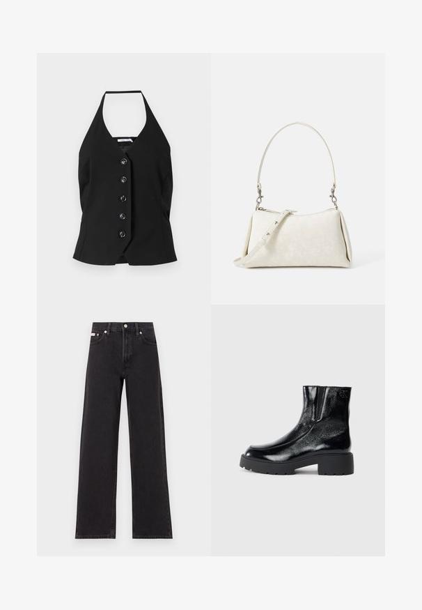 Haut noir à dos nu avec un décolleté en V profond et une rangée de six grands boutons à l'avant, fabriqué en tissu lisse avec une coupe structurée.; Jeans noirs à jambes larges en denim, avec une taille haute, une coupe à cinq poches et une fermeture à bouton en métal avec des coutures contrastantes.; Bottines noires avec une finition en cuir verni brillant, semelle en caoutchouc noir épaisse et talon surélevé ; inclut un détail de logo subtil sur le côté.; Sac à main blanc avec une texture lisse, une silhouette incurvée et une bandoulière réglable. Présente un motif de logo subtil et des accents en métal argenté.