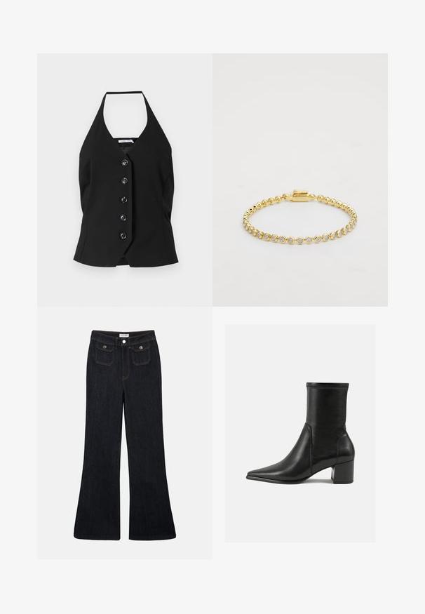 Čierny halter top s hlbokým V-výstrihom a radom šiestich veľkých gombíkov na prednej strane, vyrobený z hladkej tkaniny so štruktúrovaným strihom.; Rozšírené tmavé denimové džínsy s vysokým pásom, dvoma prednými vreckami a oranžovým prešívaním. Materiál sa zdá byť pevný a hladký.; Čierne členkové topánky vyrobené z hladkej kože, s špicatou špičkou, blokovým podpätkom a výrazným zvýšeným švom na hornom okraji.; Zlatý kovový náramok s okrúhlymi jasnými rhinestonmi v jednotnom vzore, s uzáverom na jednej strane. Hladký povrch a lesklý finiš.