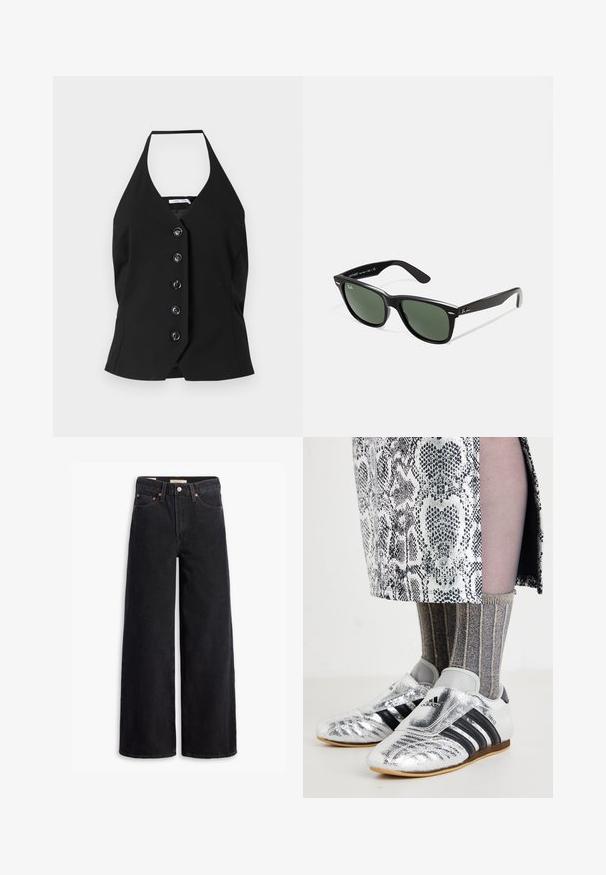 Črn top z halter izrezom, ki se ponaša z globokim V-izrezom in vrsto šestih velikih gumbov spredaj, izdelan iz gladkega materiala z oblikovanim krojem.; Črne široke jeans hlače iz denima, ki vsebujejo pet žepov, bakrene zakovice in klasično zapiranje na gumb. Gladka tekstura z čistim dizajnom.; Srebrni nogometni čevlji s črnimi črtami in elegantnim dizajnom, v kombinaciji z teksturiranimi sivimi in zlatimi rebrastimi nogavicami ter vzorčasto krilom.; Črne plastične sončna očala z zelenimi lečami, kvadratni okvirji, srebrni detajl na obrvi in teksturirani ročaji. Blagovna znamka navedena na notranji strani ročaja.