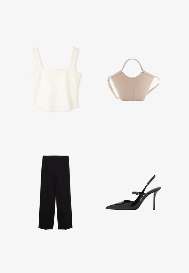White, fitted crop top featuring a square neckline, wide shoulder straps, and smooth, soft texture, designed in a minimalist style.; Black wide-leg trousers with a smooth fabric, featuring pleats at the front and side pockets, designed with a straight, relaxed cut.; Black patent leather slingback high heels with a pointed toe, adjustable strap, and stiletto heel. Smooth surface with shiny finish.; Beige leather handbag with a unique shape, featuring two short handles and a long adjustable strap. Smooth texture with minimal hardware.