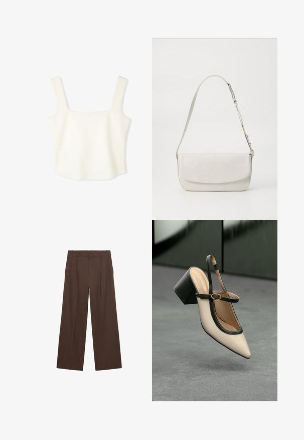 Top corto ajustado blanco con escote cuadrado, tirantes anchos y textura suave y lisa, diseñado en un estilo minimalista.; Pantalones de pierna ancha marrones, confeccionados en una tela suave, con una cintura alta, pliegues frontales y dos bolsillos laterales.; Zapato slingback de punta beige con ribete negro, hebilla dorada y un tacón cuadrado grueso sobre un suelo gris con fondo verde oscuro.; Bolso de hombro de cuero blanco con un acabado suave, forma rectangular, cierre con solapa y una correa ajustable. Detalle de costura simple.