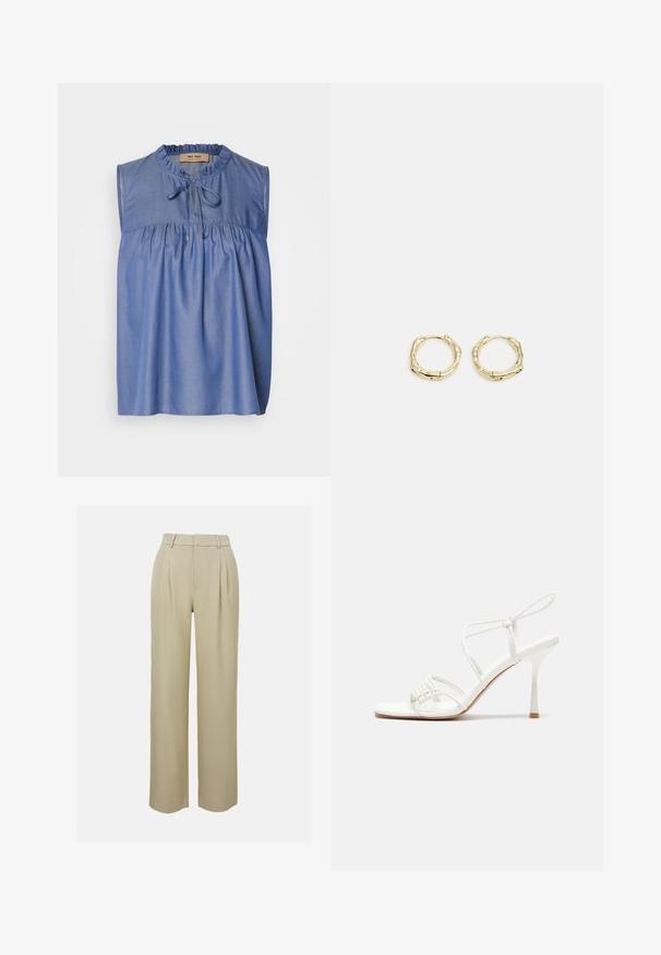 Sinine ilmavarrukatega blousee kergest kangast, lillakate dekoltee ja nööriga kinnitusega ees.; Beezhides laiad püksid, mis on valmistatud siledast kangast, millel on ees pleated, meisterdatud vöökoht ja küljetaskud. Puhtad allääred.; Valge rihmadega kõrge kontsaga sandaal, millel on lamedad varbatoed, tekstuuriga esiosa kogutud detailidega ja kitsas pahkluu rihm.; Kuldsete rõngaskõrvarõngaste tekstuuriga, ebakorrapärane kuju. Omab sujuvat lukustust ja poleeritud pinnatöötlust, rõhutades kaasaegset disaini.