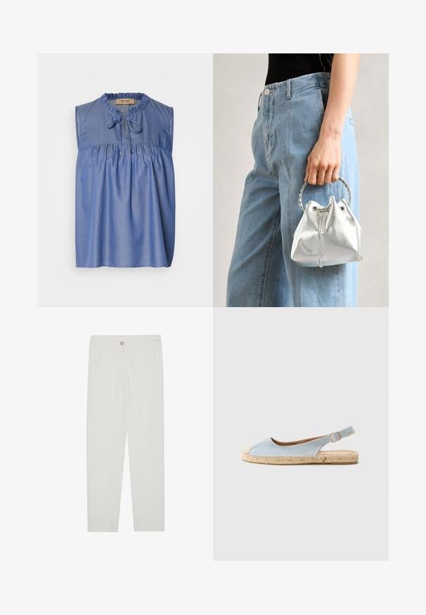Blusa azul sem mangas feita de um tecido leve, apresentando um corpete franzido, decote em babados e um fecho de laço na frente.; Calças brancas, ajustadas, com um design de perna reta, apresentando um fecho de botão, passantes para cinto e bolsos laterais; textura de tecido suave.; Espadrilhe azul claro com design de alça, apresentando biqueira arredondada, sola de juta e salto plano. Textura suave com detalhes de costura mínimos.; Saco de balde prateado metálico com um acabamento texturizado, adornado com uma pega redonda prateada e fecho de cordão, segurado contra jeans azul claro.; Zign Pulseira - silver-coloured