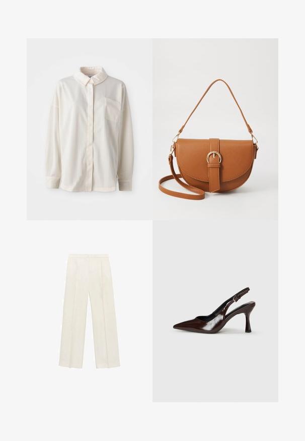 Vit skjorta med krage och knappar, vertikala ränder, långa ärmar, en bröstficka, gjord av ett mjukt och slätt tyg.; Breda byxor i en ljus krämfärg. Tillverkade av ett mjukt tyg med veck fram och sidofickor.; Bruna lackläders slingback-klackar med spetsig tå, en tunn klack och justerbar rem med ett litet spänne.; Brun läder crossbody-väska med en böjd form, gyllene detaljer och en spänneaccent. Har en avtagbar axelrem.