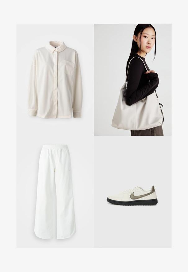 White collared button-up shirt with vertical stripes, long sleeves, single chest pocket, made of smooth fabric with a soft texture.; White wide-leg athletic pants with a ribbed waistband and subtle logo detail. Smooth fabric with a relaxed fit and tapered hem.; Nike Sportswear FIELD GENERAL - Trainers - off-white/black; Beige handbag made of soft material, featuring a slouchy design, stitched detailing, and two shoulder straps. Suitable for everyday use.