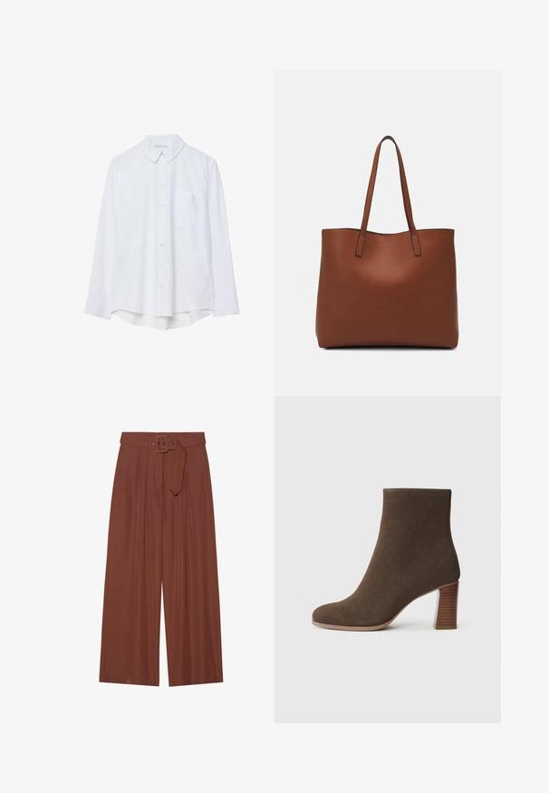 White long-sleeve button-up shirt with collar and single chest pocket, slightly curved hem, displayed on a white background.; Wide-leg trousers in brown fabric, featuring a belt with a square buckle, pleated design, and smooth texture.; Brown suede ankle boot with a rounded toe and a stacked, textured heel. Smooth exterior without visible fastenings or embellishments.; Brown leather tote bag with a smooth texture, open top design, and two shoulder straps. Features minimal stitching and no visible hardware.