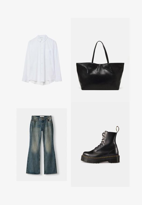 Bílá košile s dlouhým rukávem, zapínáním na knoflíky, límečkem a jednou kapsou na hrudi, s mírně zakřiveným spodním lemem, vystavená na bílém pozadí.; Modré zvonové džíny se zesvětleným práním, pěti kapsami a zapínáním na knoflík. Materiál vykazuje denimovou strukturu s jemnými detaily šití.; Černé kožené kotníkové boty na šněrování s mohutnou černou podrážkou a žlutým prošíváním. Mají poutko na zadní straně a kulaté kovové očko.; Černá tkaná taška přes rameno s dvěma pevným uchy, má lesklou texturu a prostorný otevřený vrch.