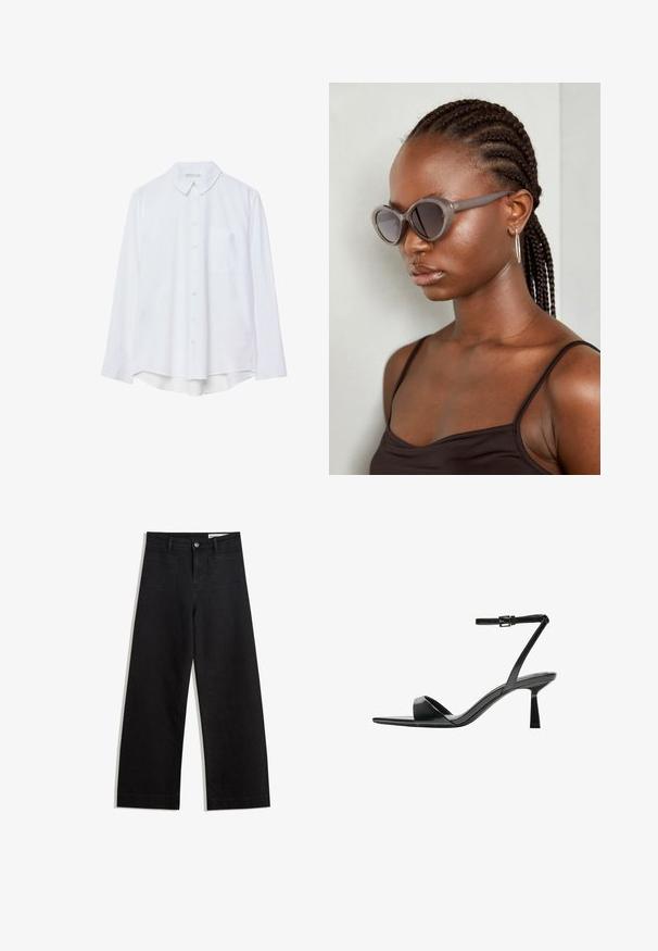 Bela srajca z dolgimi rokavi, pri čemer je z gumbi in ovratnikom, z enim žepom na prsih, rahlo ukrivljenim robom, prikazana na beli podlagi.; Črne široke denim hlače z visokim pasom, ki imajo sprednje in zadnje žepe, šivane šive ter gumbasto zapiranje. Gladka tekstura.; Bershka Sandali z visoko peto - black; Sive velike sončne očala z zaobljeno obliko in temnimi lečami. Elegantno plastično ogrodje z gladko površino. Model ima spletene lase.