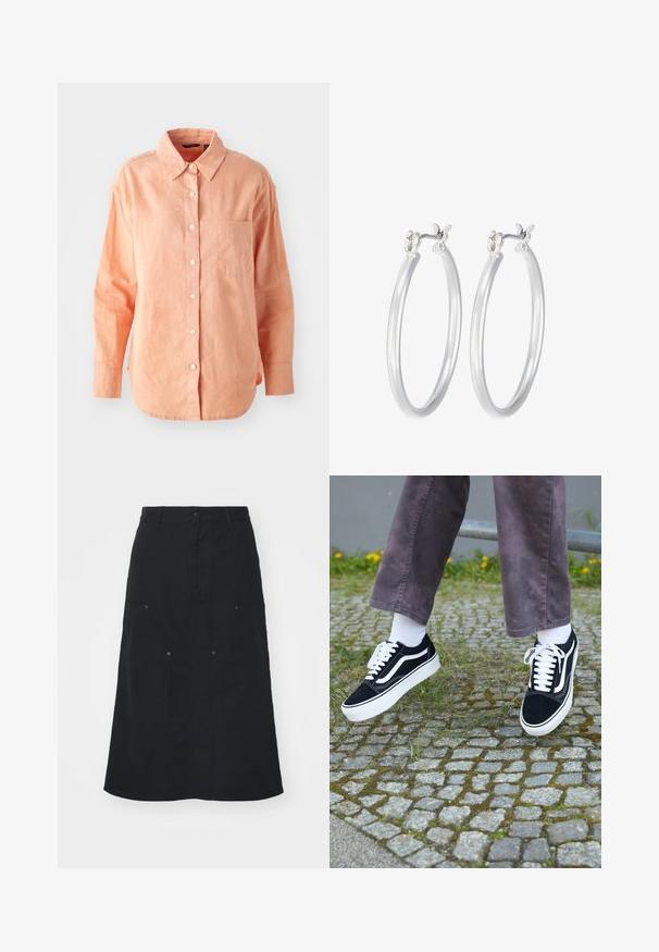 Pikend varrukatega, nööbideta särgil heledast virsiku värvi kangast. Omab klassikalist kraed, esi-taskut ja kaardus allääre, millel on reljeefne viimistlus.; Must have kokk, mis on valmistatud puuvillast, esipaneelil nuppudega sulgemine, kaks suurt taskud ja sirge siluett. Sujuv tekstuur.; Mustad nubukist spordijalatsid valgete detailidega, millel on ümar nina, paks valge tald ja klassikaline sidumise disain, kantud valgete sokkide ja lilla pükste juurde.; Hõbedased rõngaskõrvarõngad, millel on sile, läikiv viimistlus. Ümmargune kuju ja turvaline klõpsulatus. Kerge disain, sobib igapäevaseks kandmiseks.