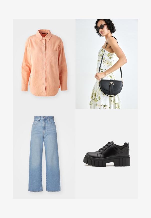 Langærmet skjorte med knapper i lys ferskenfarvet stof. Har en klassisk krave, frontlomme og buet kant, samt en tekstureret overflade.; Lyseblå højtaljede bukser med bred benåbning, med frontknap og lynlås, samt for- og baglommer, på en hvid baggrund.; Sorte læder platform sko med en klodset blokhæl, rund tå og traditionelt snøredesign. Har en glat tekstur og minimal detaljering.; Sort læderhåndtaske med en buet form, aftagelig rem og guldfinish. Tasken har en klap med en spænde detalje.