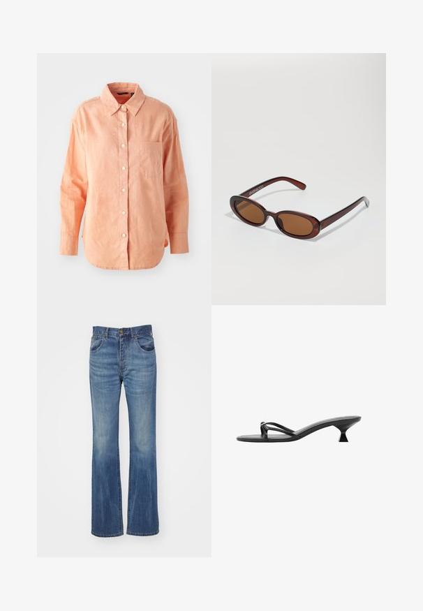 Srajca z dolgimi rokavi, z gumbi, v svetlo breskevnem materialu. Ima klasičen ovratnik, sprednji žep in ukrivljen rob, z teksturiranim zaključkom.; Modre jeans z razširjenimi hlačnicami, srednje oprane, z visokim pasom, zankami za pas in sprednjimi žepi. Gladka tekstura z minimalnim obrabljenjem.; Črne sandale na visoki peti z eleganco, tankimi trakci in edinstveno tristransko peto. Gladka tekstura z minimalističnim videzom.; Okrogle, rjavo obarvane sončne naočare z sijočim burgundskim okvirjem. Tanek nosilec s subtilnim logotipom. Oblika leč je ravna.