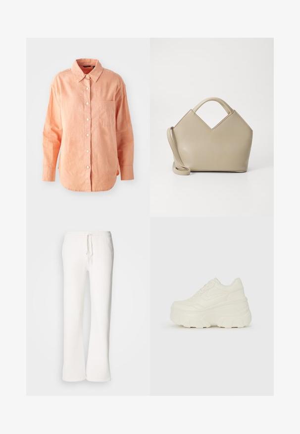 Langärmliges, knöpfbares Hemd aus leichtem Pfirsichstoff. Verfügt über einen klassischen Kragen, eine Brusttasche und einen abgerundeten Saum mit einer strukturierten Oberfläche.; Weiße, locker sitzende Schlafanzughosen aus weichem Material, mit einem elastischen Bund und Kordelzug sowie geradem Bein.; Weiße Platform Sneakers mit einem glatten, lederähnlichen Obermaterial, abgerundeter Form, gepolstertem Kragen und strukturierten Gummisohlen mit ausgeprägten Stollen.; Beige strukturierte Handtasche mit V-förmigem oberen Teil, glattem Leder, kurzen Griffen und einem langen verstellbaren Tragegurt. Minimalistisches Design.