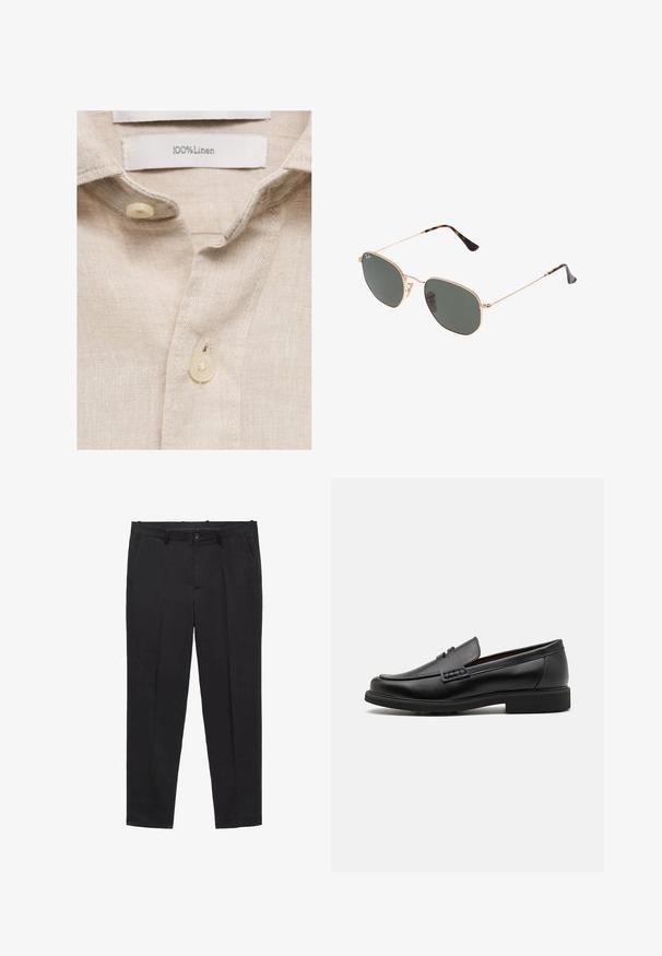 Harmaa pellavapaita, jossa on pehmeä rakenne, kaulusrintamus ja kaksi kermaista muovista nappia. Hoito-ohjeet lukevat "100 % pellavaa."; Musta räätälöity housut, jotka on valmistettu sileästä kankaasta, ja niissä on litteä etuosa, vyölenkit ja sivutaskut. Suora lahjemuoto.; Musta keinotekoinen mokka, jossa on korostettu ommeltu etuosa, pehmeä sisäpohja ja litteä kumipohja; tyylikäs muotoilu, jossa on vähäistä yksityiskohtaisuutta.; Kultaa metallikehyksiset aurinkolasit tummanvihreillä linsseillä, pilottilaatuinen tyyli, jossa on kapeat varret ja kilpikonnakuosiset korostukset päissä.