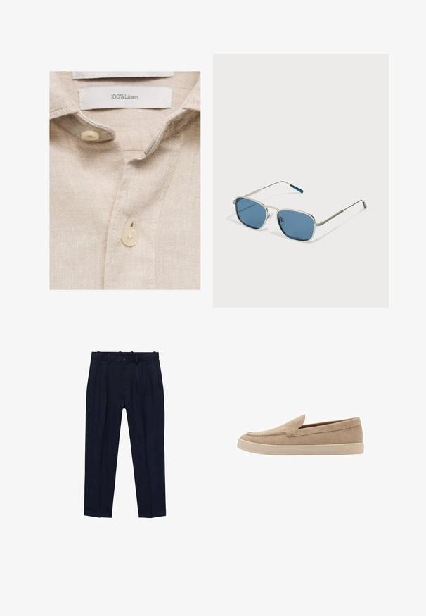 Harmaa pellavapaita, jossa on pehmeä rakenne, kaulusrintamus ja kaksi kermaista muovista nappia. Hoito-ohjeet lukevat "100 % pellavaa."; Navy-huoneet, jotka on valmistettu sileästä kankaasta, jossa on hieman muotoiltu istuvuus, etupuolella laskokset, vyölenkit ja yksi napin sulkeminen.; Beige mokkasins iho saumoilla ja pyöreällä kärjellä. Vaalean värinen kumipohja, jossa matala malli.; Aurinkolasit, joissa on hopeametallinen kehys, suorakulmaiset siniset linssit ja ohuet varret. Kehyksissä on sinisiä yksityiskohtia temppeleiden kärjissä.