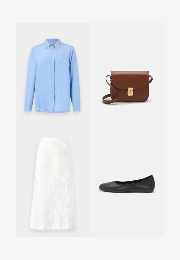 Light blue button-up shirt with a collar, long sleeves, and a smooth fabric texture; features front buttons and a slightly relaxed fit.; White short-sleeve t-shirt made of ribbed fabric. Round neckline, regular fit, and subtle stitching details. No patterns or graphics.; Knit white midi skirt featuring a textured pattern with vertical lines and cut-out details near the hem. Elastic waistband. Soft material.; Black leather ballet flat with a rounded toe, smooth texture, minimal stitching detail, and a flexible sole design.; Brown leather handbag with a flap closure, gold-tone hardware, a shoulder strap, and a smooth texture. Compact rectangular shape.