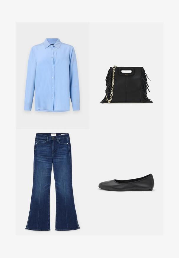 Light blue button-up shirt with a collar, long sleeves, and a smooth fabric texture; features front buttons and a slightly relaxed fit.; Dark blue flared jeans made from denim. Features a high waist, front pockets, and slit details at the hem. Classic five-pocket design.; Black leather ballet flat with a rounded toe, smooth texture, minimal stitching detail, and a flexible sole design.; Black leather handbag with fringe details, gold chain shoulder strap, and a cut-out handle. Features logo placement on the front.
