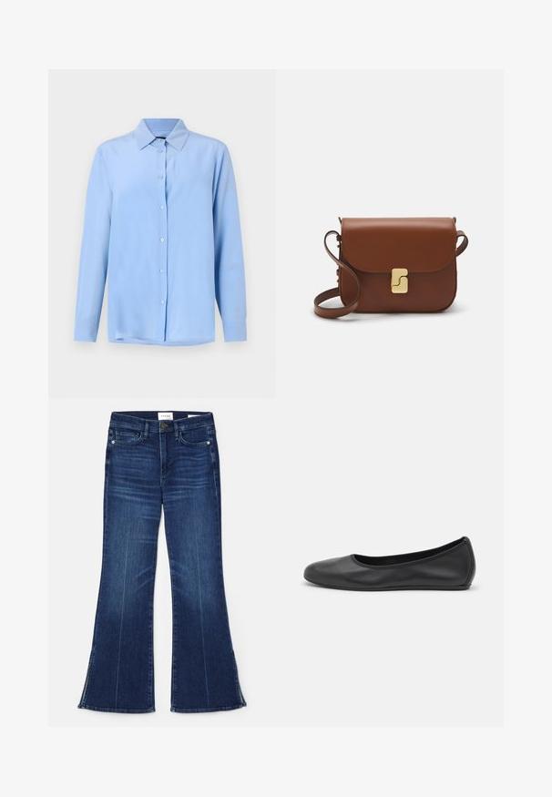 Light blue button-up shirt with a collar, long sleeves, and a smooth fabric texture; features front buttons and a slightly relaxed fit.; Dark blue flared jeans made from denim. Features a high waist, front pockets, and slit details at the hem. Classic five-pocket design.; Black leather ballet flat with a rounded toe, smooth texture, minimal stitching detail, and a flexible sole design.; Brown leather handbag with a flap closure, gold-tone hardware, a shoulder strap, and a smooth texture. Compact rectangular shape.