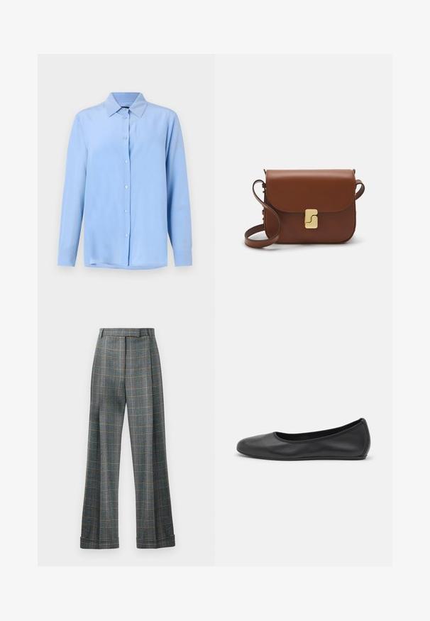 Jasnoniebieska koszula zapinana na guziki z kołnierzykiem, długimi rękawami i gładką fakturą materiału; posiada guziki z przodu i lekko luźny krój.; Spodnie w kratę z niebiesko-szaro-pomarańczowym schematem kolorystycznym, szerokimi nogawkami i prasowanymi zagięciami; wykonane z teksturowanej tkaniny.; Czarne skórzane baletki z zaokrąglonym noskiem, gładką fakturą, minimalnymi przeszyciami i elastycznym designem podeszwy.; Brązowa skórzana torebka na ramię z klapką, złotymi detalami, paskiem na ramię i gładką teksturą. Kompaktowy prostokątny kształt.